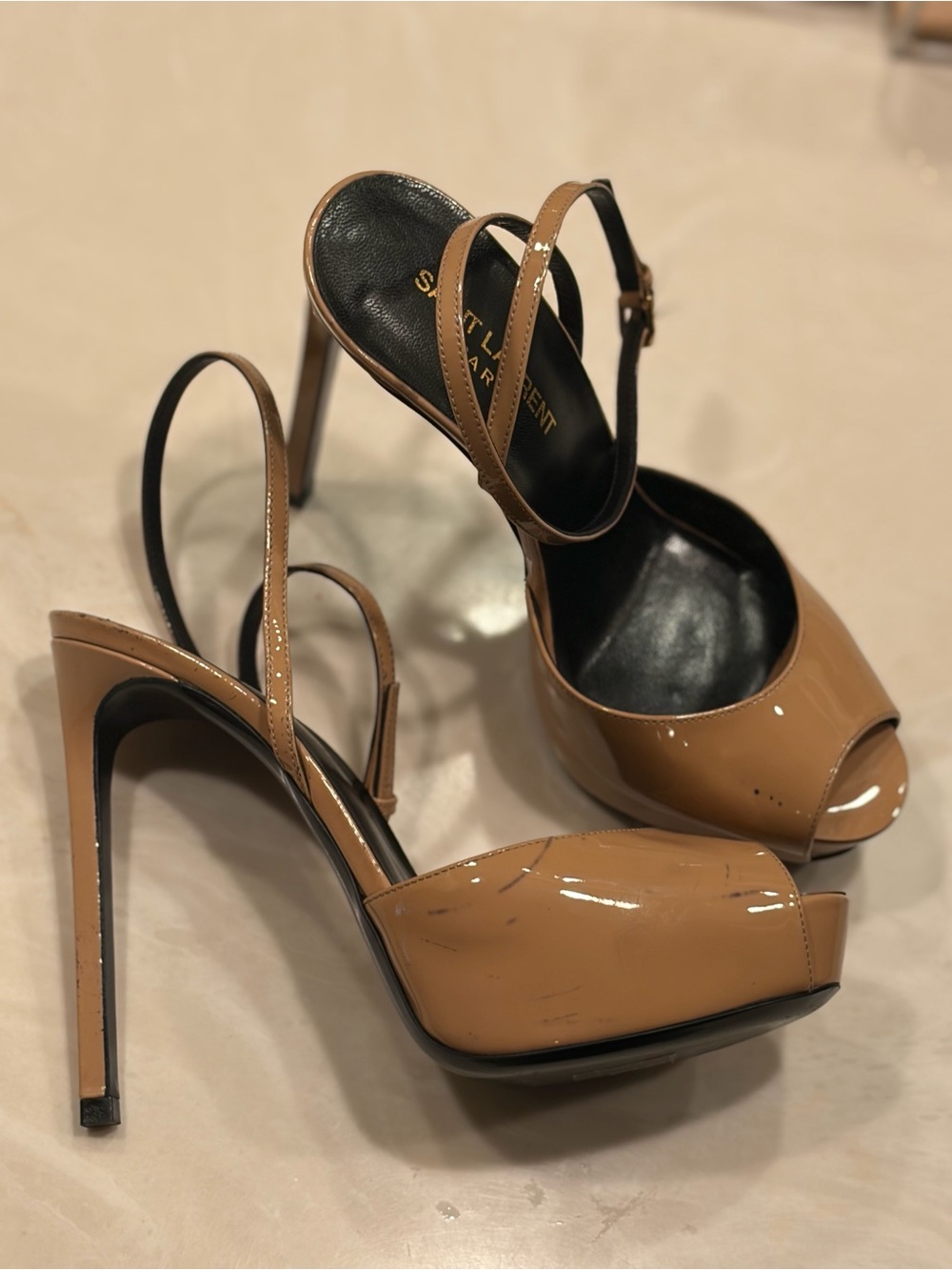 Saint Laurent Nude Patent Leather Peep-Toe Platform Slingbacks